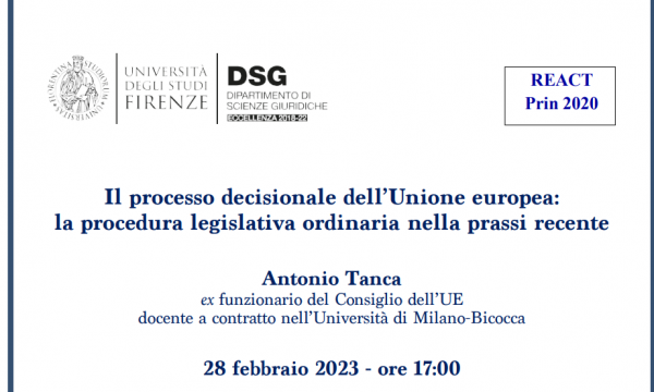 28 Febbraio 2023 - Workshop con Antonio Tanca - Il processo decisionale dell'Unione europea: la procedura legislativa ordinaria nella prassi recente